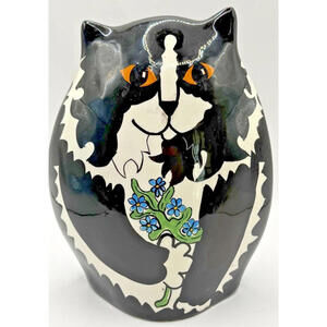 Cats by Nina 7” Vase Black White Longhair Cat w/Blue Flowers 2001 Nina Lyman